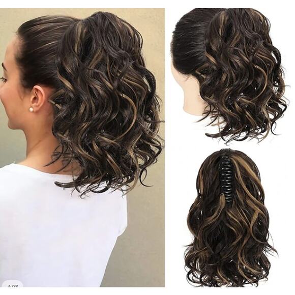 Wavy Ponytail Clip Extension Dk Golden Brown Fancy Wedding Holiday Party Glamor - Picture 1 of 8